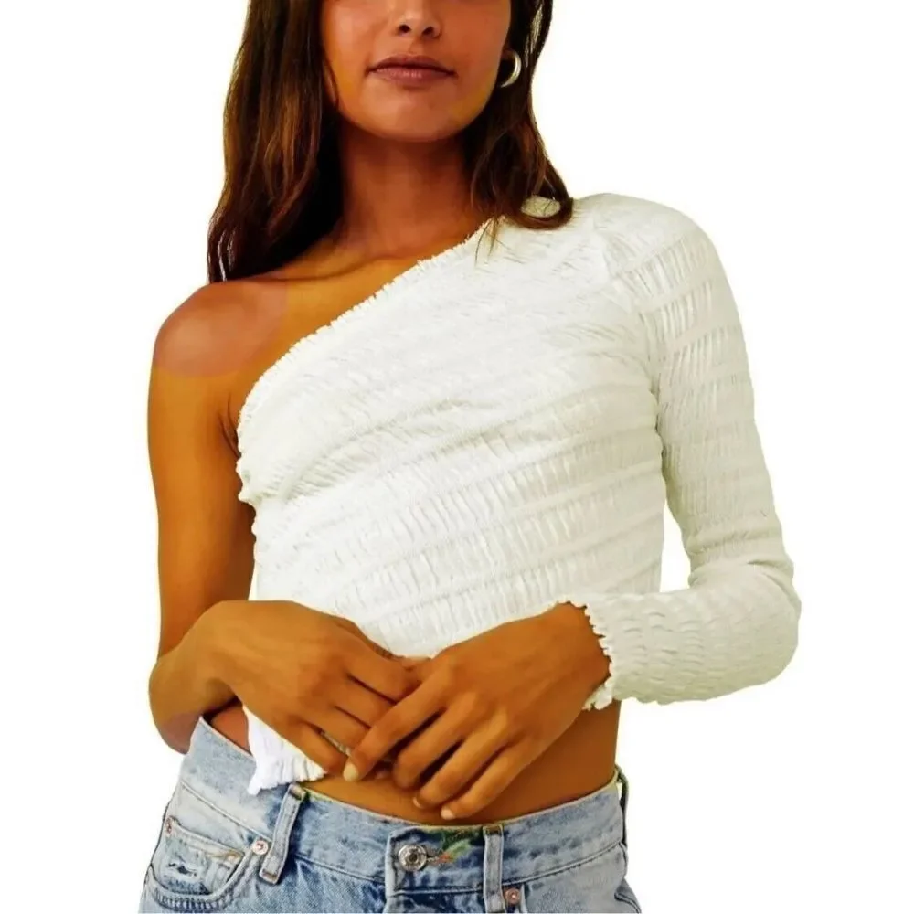 Free People Jasmine One Shoulder knit Top off White Size L stretch